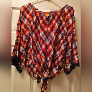 Ruby Rd. Red and Blue Plaid Blouse with Black Lace